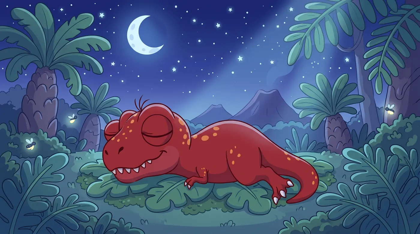 Dony Dino dormido en la selva bajo la luna